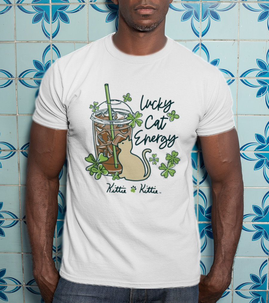 Lucky Cat Energy Kittie Kittie St. Patrick's Day Shamrock Iced Drink T-Shirt