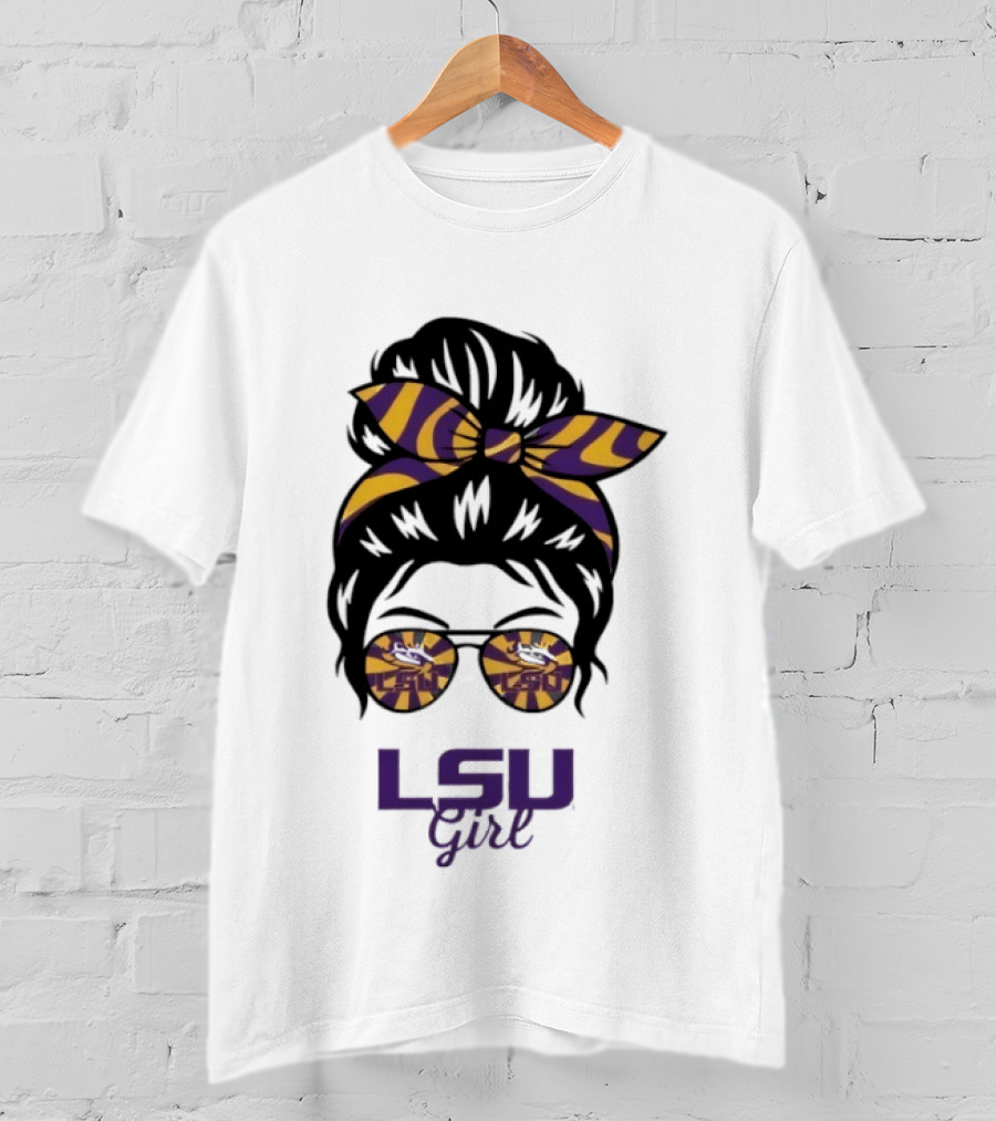 LSU Tigers Girl Purple Yellow Stripes Messy Bun Glasses T-Shirt