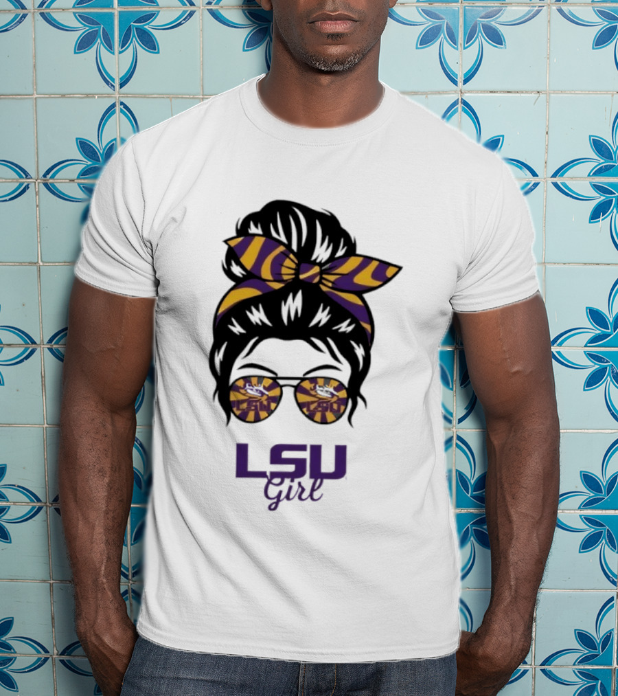 LSU Tigers Girl Purple Yellow Stripes Messy Bun Glasses T-Shirt