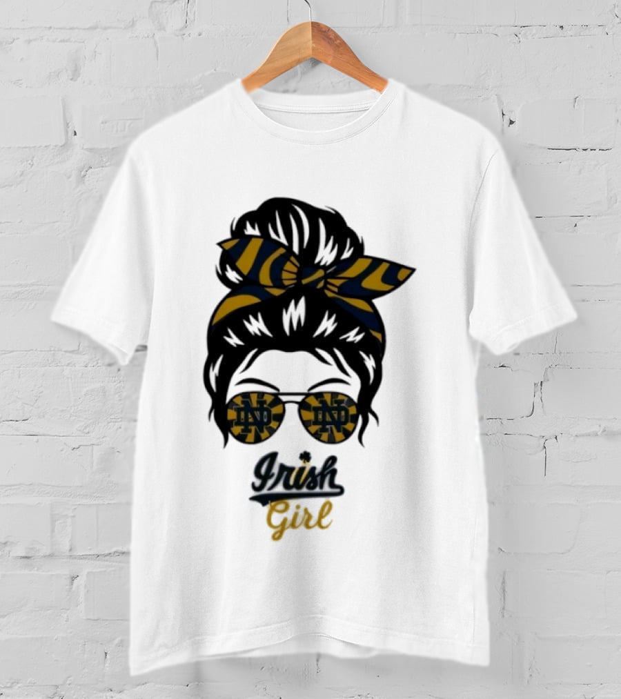 Notre Dame Irish Girl Messy Bun ND Glasses Bow T-Shirt