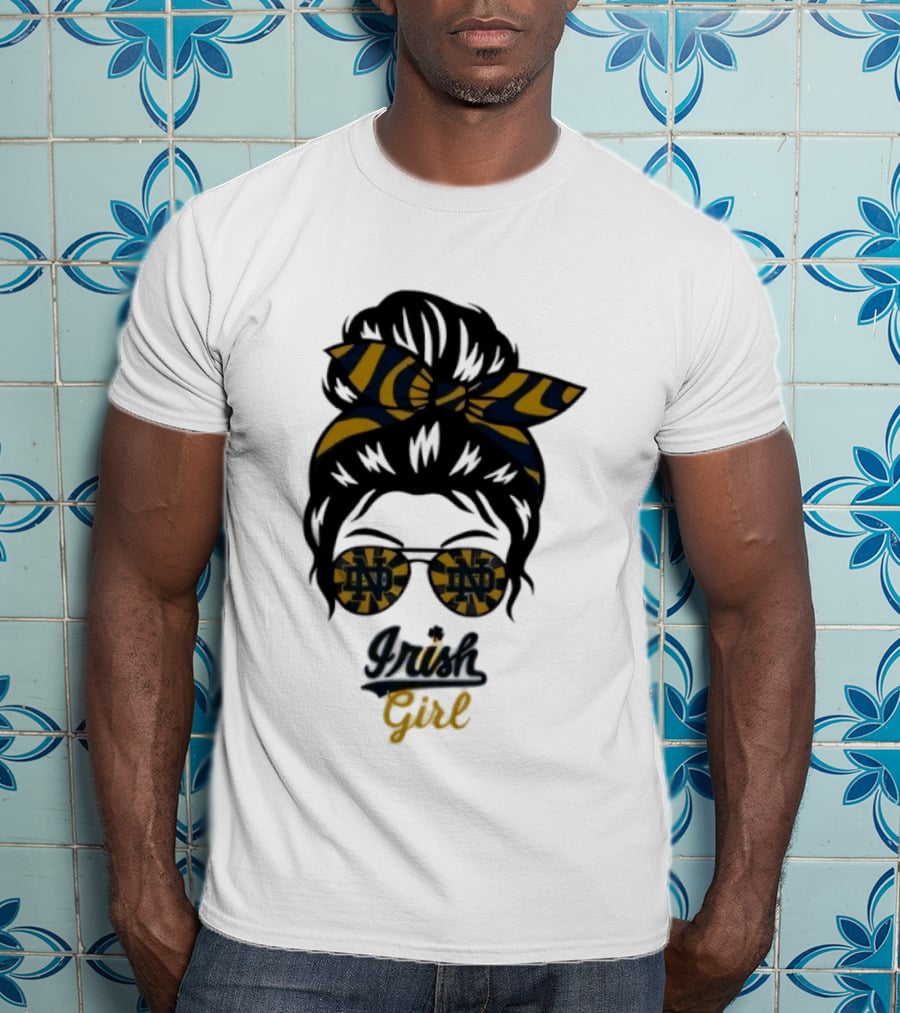 Notre Dame Irish Girl Messy Bun ND Glasses Bow T-Shirt