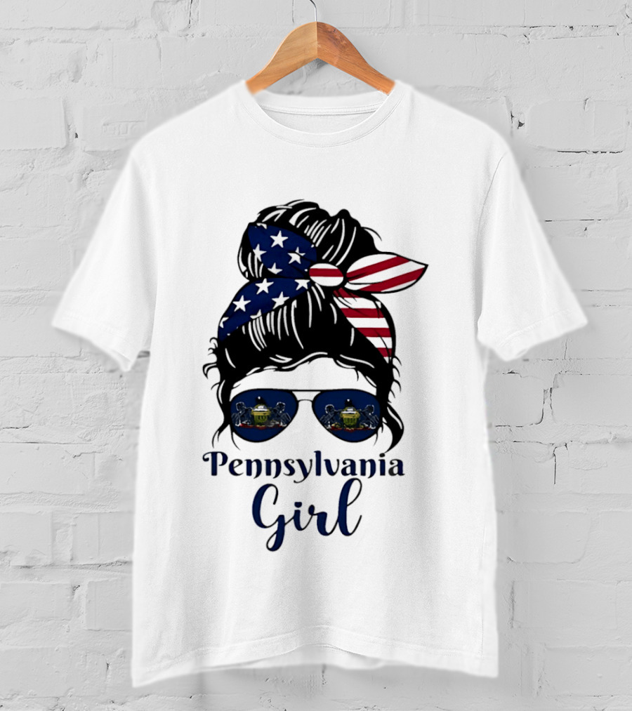 Pennsylvania Girl Messy Bun American Flag Bandana Sunglasses T-Shirt