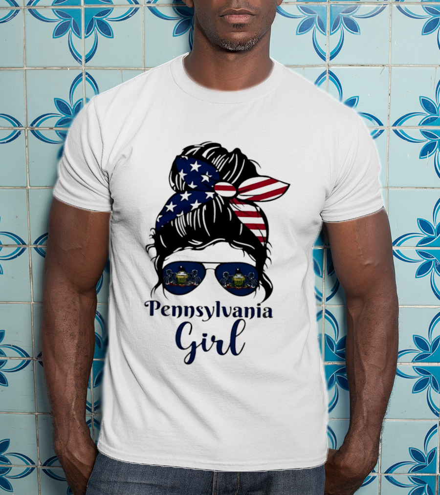 Pennsylvania Girl Messy Bun American Flag Bandana Sunglasses T-Shirt