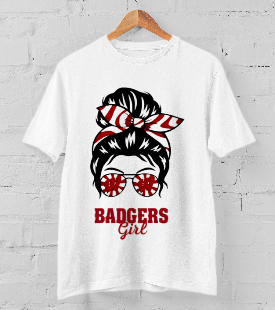 Wisconsin Badgers Girl Messy Bun Glasses Bow T-Shirt