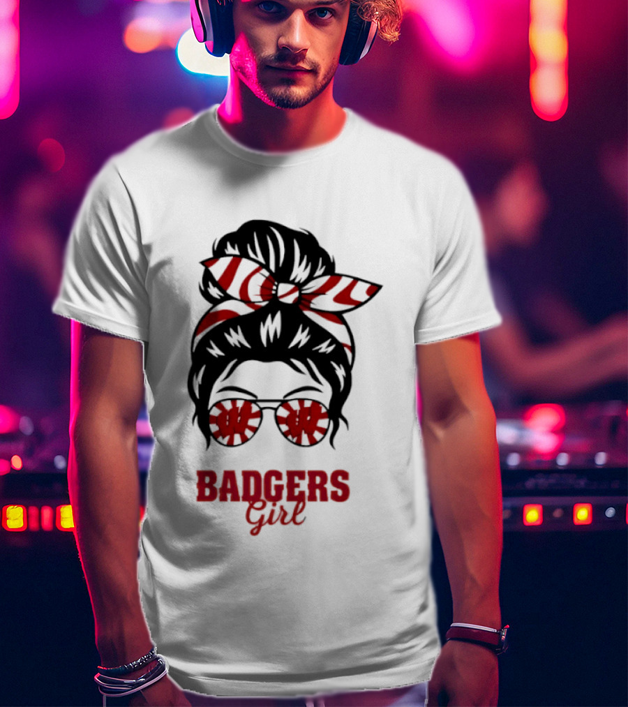 Wisconsin Badgers Girl Messy Bun Glasses Bow T-Shirt