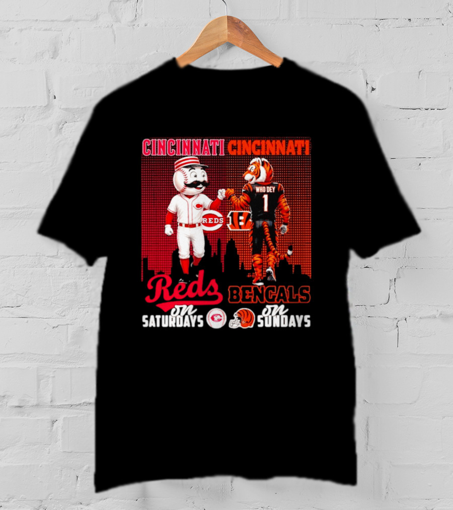 Cincinnati Reds Saturdays Vs Bengals Sundays City Mascots Skyline T-Shirt