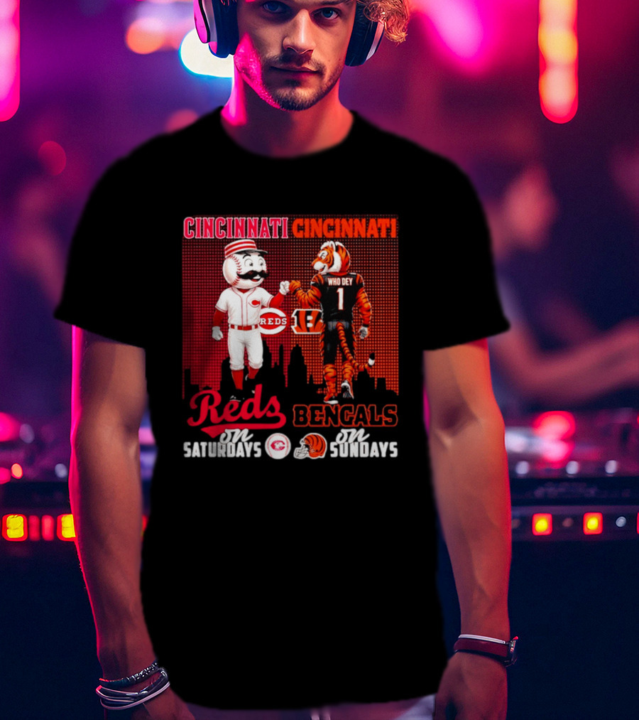 Cincinnati Reds Saturdays Vs Bengals Sundays City Mascots Skyline T-Shirt