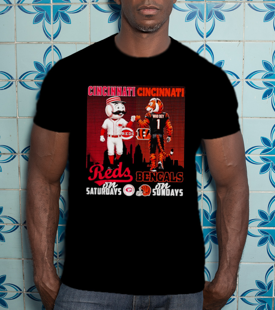 Cincinnati Reds Saturdays Vs Bengals Sundays City Mascots Skyline T-Shirt