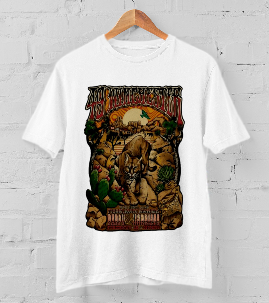 49 Winchester Pioneertown May 9 2026 Flying Mojito Brothers Pap Yu Harlins Cat Desert Scene T-Shirt