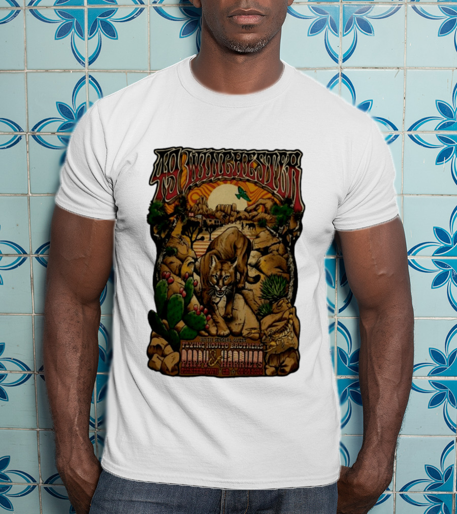 49 Winchester Pioneertown May 9 2026 Flying Mojito Brothers Pap Yu Harlins Cat Desert Scene T-Shirt