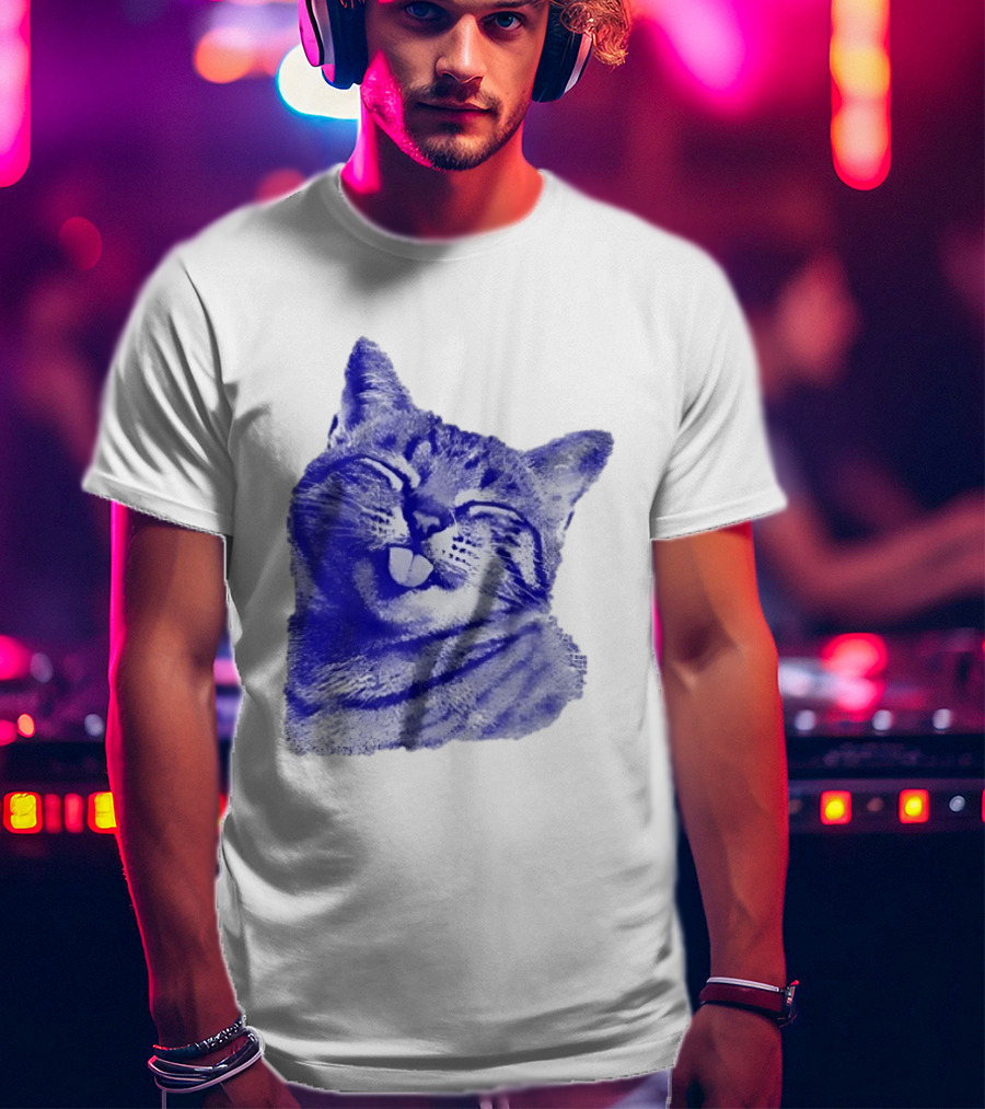 Playful Cat Sticking Out Tongue In Blue Tint T-Shirt