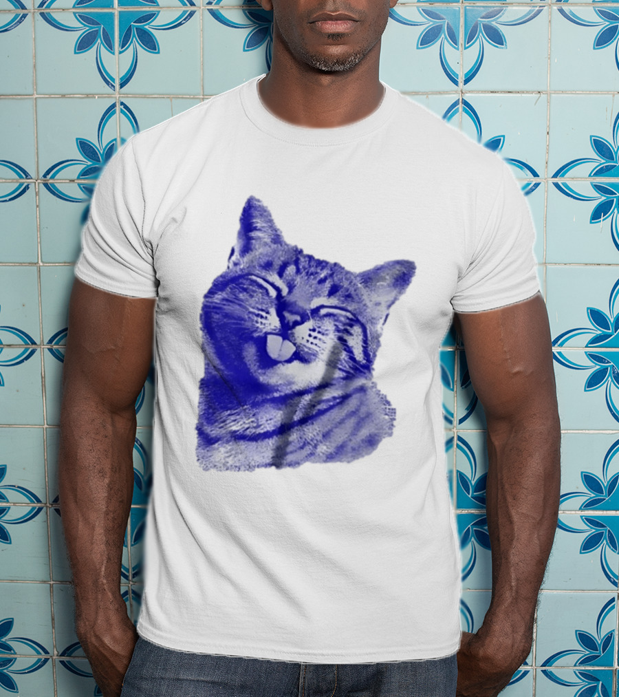 Playful Cat Sticking Out Tongue In Blue Tint T-Shirt