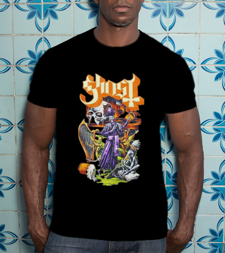 Ghost Band Gothic Horror Pope With Ghouls And Harp T-Shirt