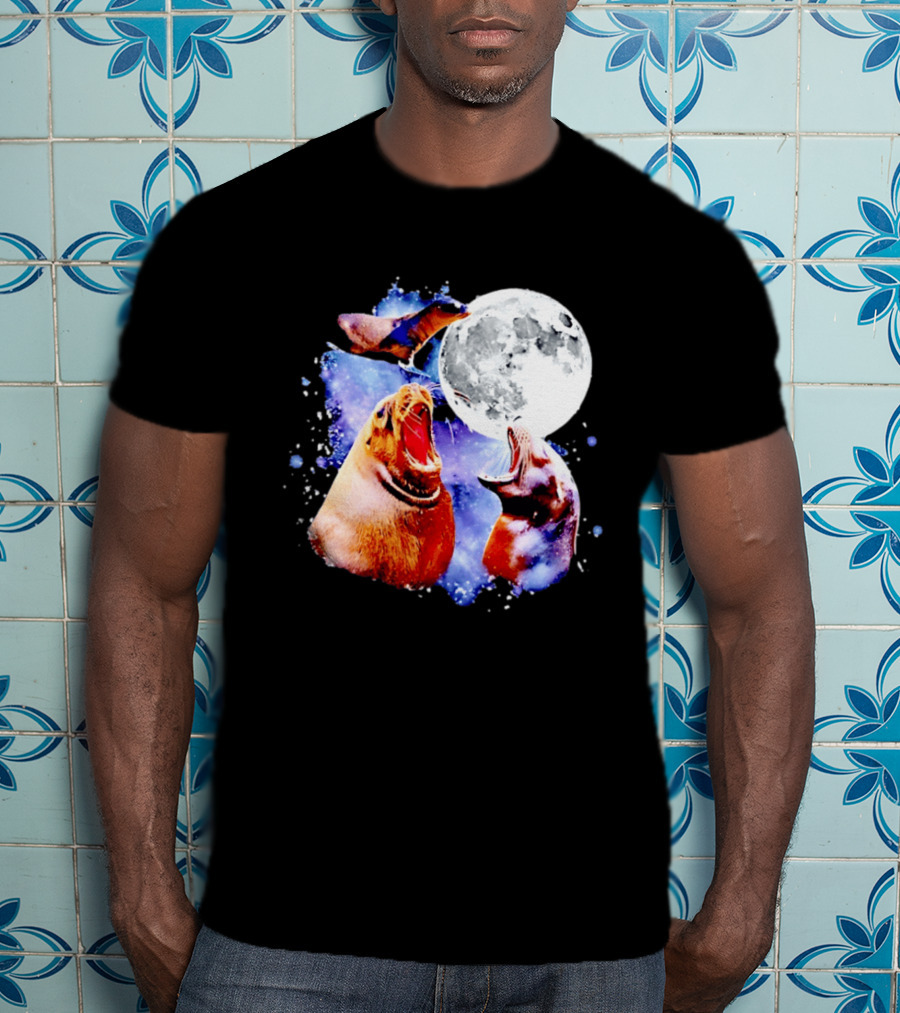 Sea Lion Trio Howling At The Moon In Outer Space Scene T-Shirt
