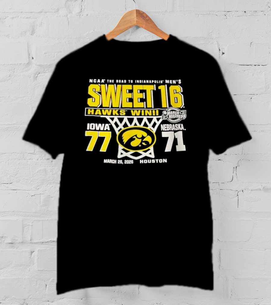 NCAA March Madness The Road To Indianapolis Men's Sweet 16 Hawks Win Iowa 77 Nebraska 71 March 25 1989 Houston T-Shirt