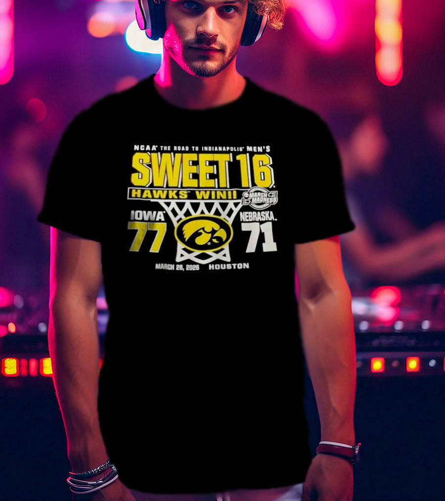 NCAA March Madness The Road To Indianapolis Men's Sweet 16 Hawks Win Iowa 77 Nebraska 71 March 25 1989 Houston T-Shirt