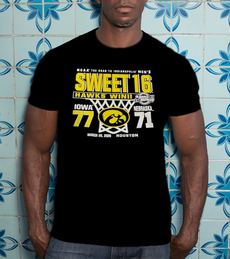 NCAA March Madness The Road To Indianapolis Men's Sweet 16 Hawks Win Iowa 77 Nebraska 71 March 25 1989 Houston T-Shirt