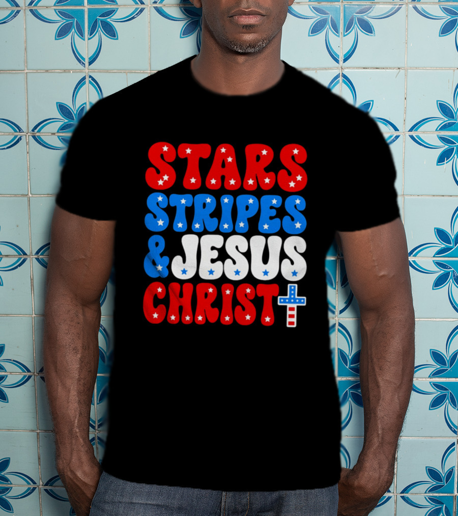 Patriotic Stars Stripes Jesus Christ Christian Faith Cross T-Shirt