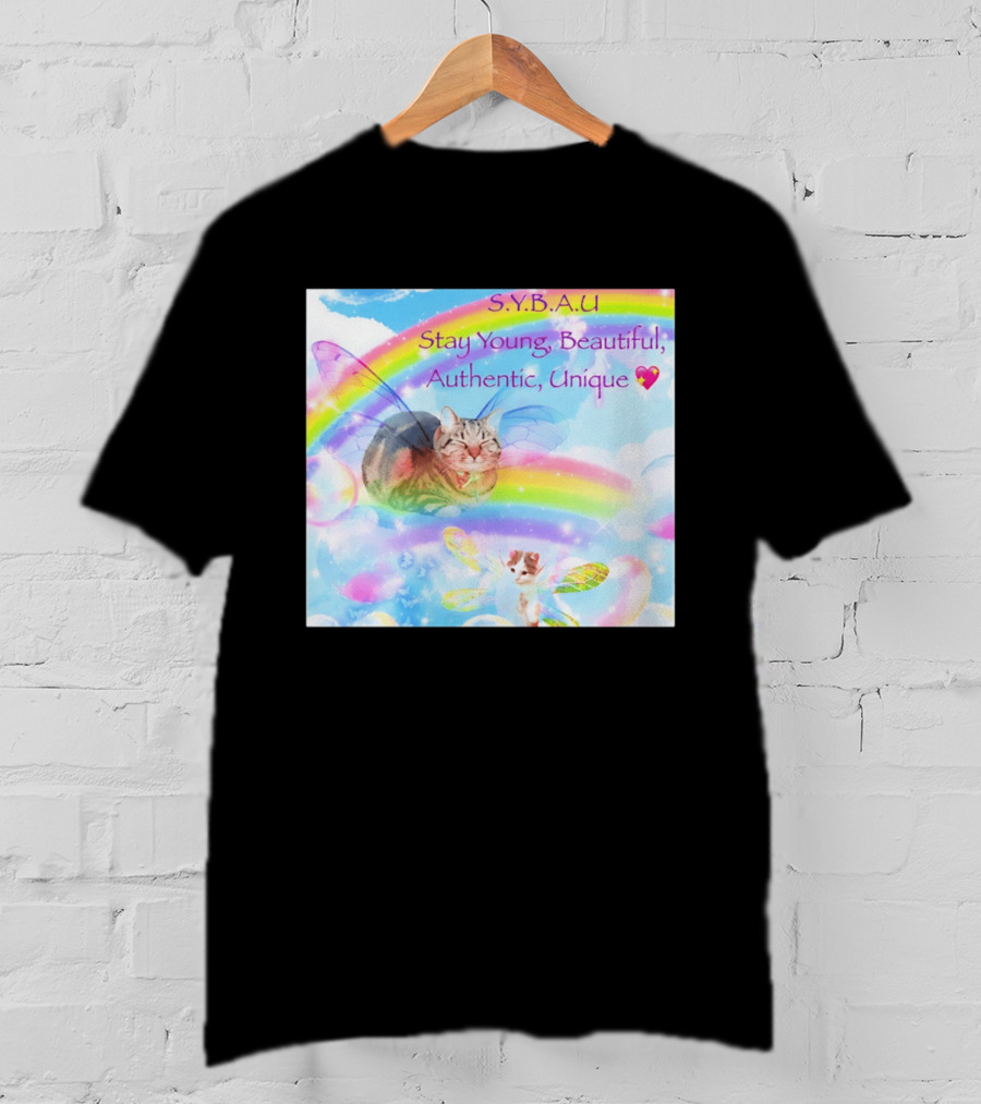 S.Y.B.A.U Stay Young Beautiful Authentic Unique Cat Rainbow Wings T-Shirt