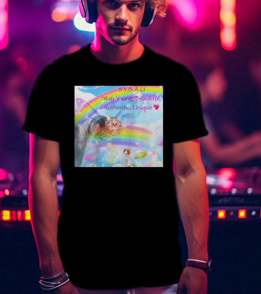 S.Y.B.A.U Stay Young Beautiful Authentic Unique Cat Rainbow Wings T-Shirt