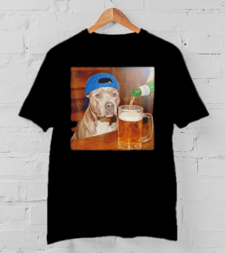 Pit Bull Drinking Beer Blue Cap Meme T-Shirt
