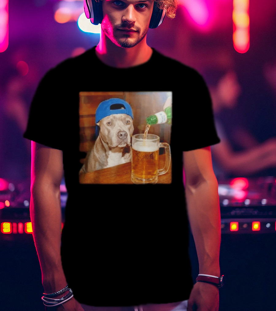 Pit Bull Drinking Beer Blue Cap Meme T-Shirt