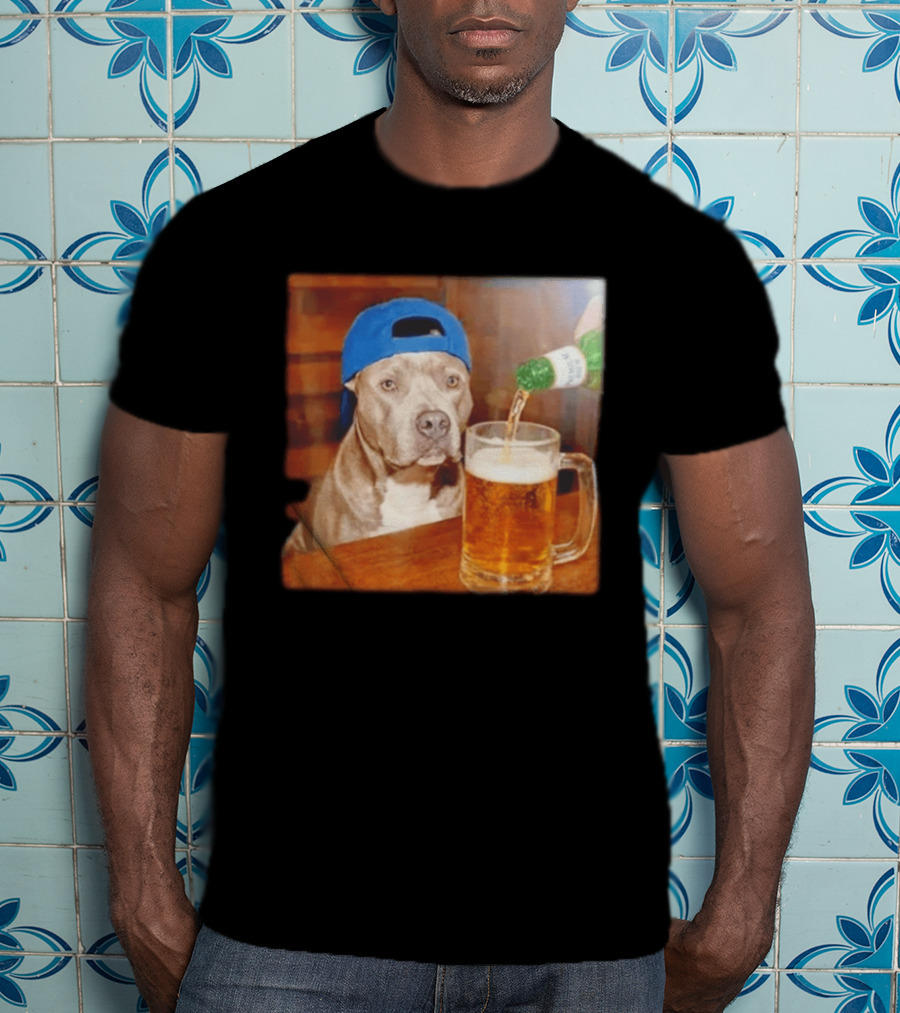 Pit Bull Drinking Beer Blue Cap Meme T-Shirt