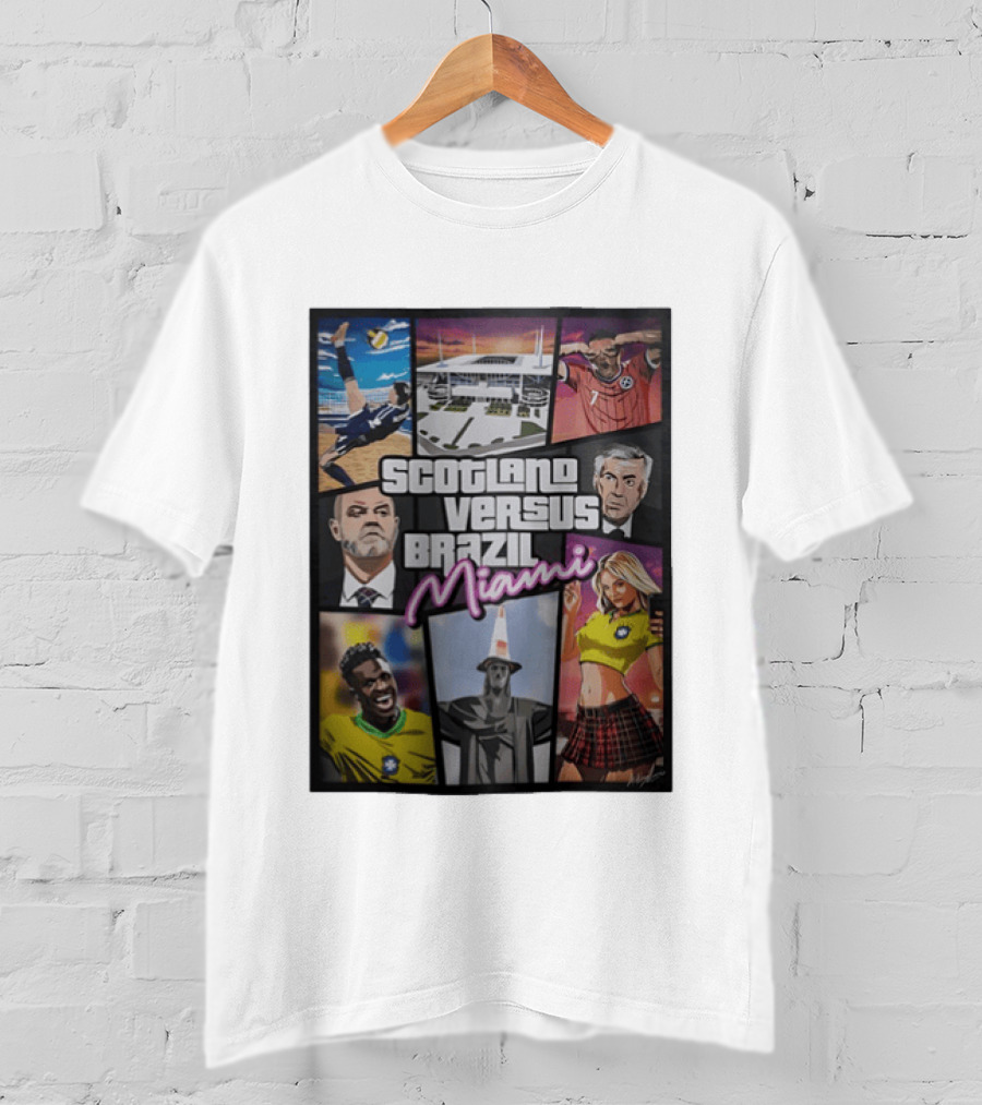 Scotland Versus Brazil Miami Comic Style Soccer Matchup T-Shirt