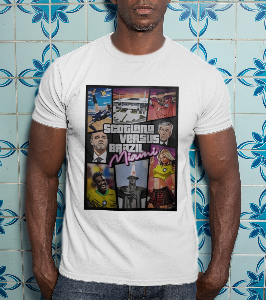 Scotland Versus Brazil Miami Comic Style Soccer Matchup T-Shirt