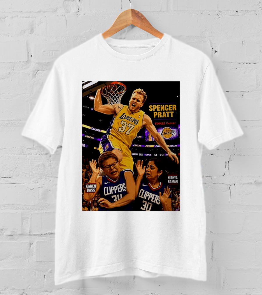 Los Angeles Lakers Spencer Pratt Dunks Staples Center Clippers Karen Bass Nithya Raman T-Shirt
