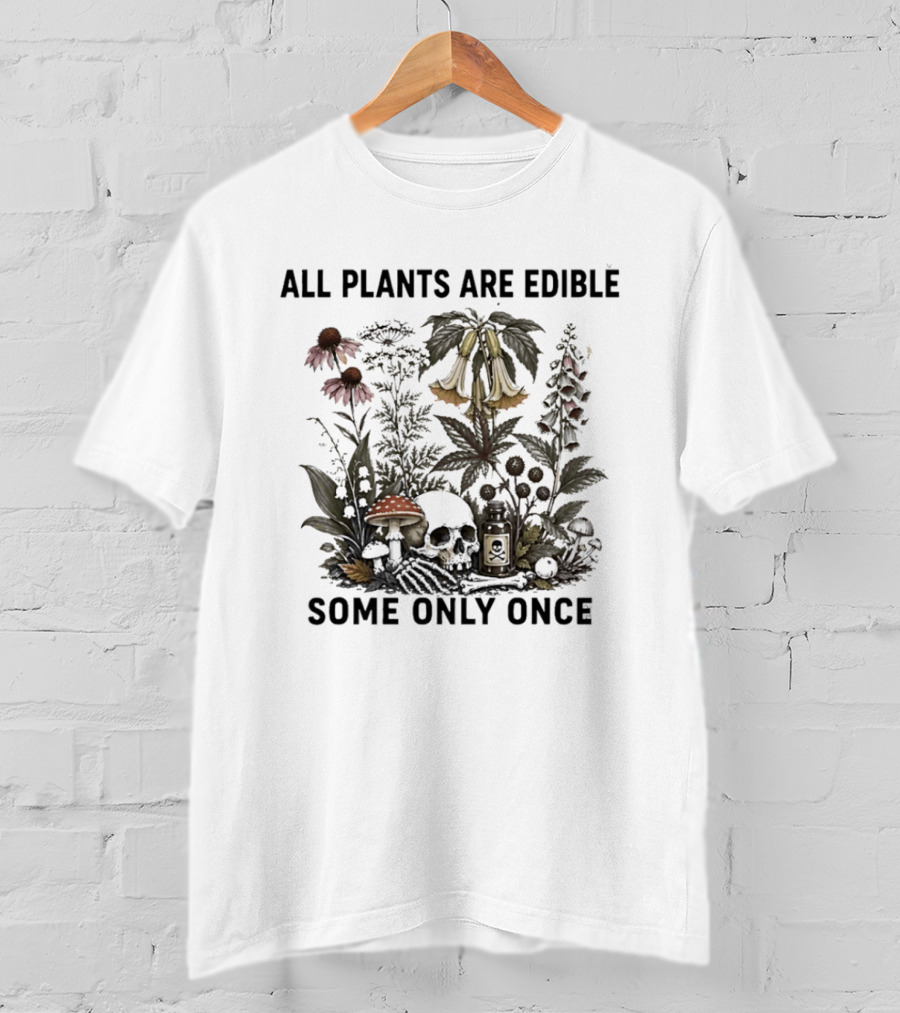 All Plants Are Edible Botanical Humor Mushroom And Bellflower Dark T-Shirt
