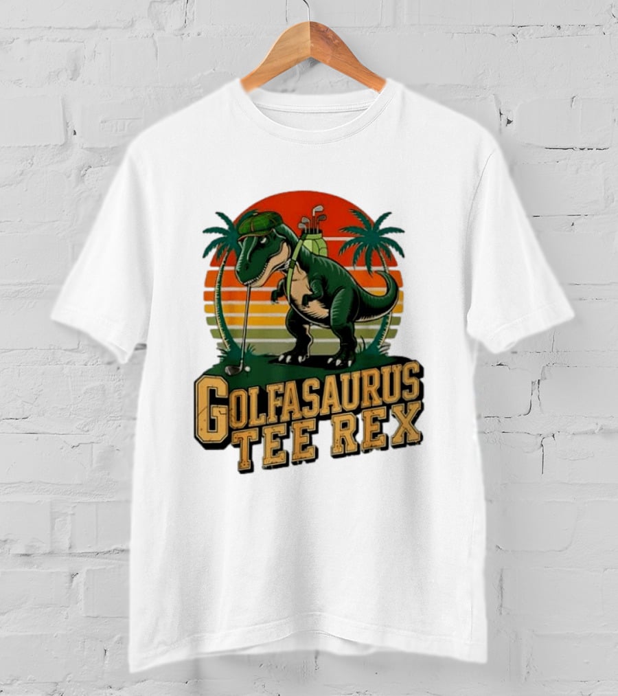 Golfasaurus Rex Rex Dinosaur Playing Golf Sunset Palm Trees T-Shirt