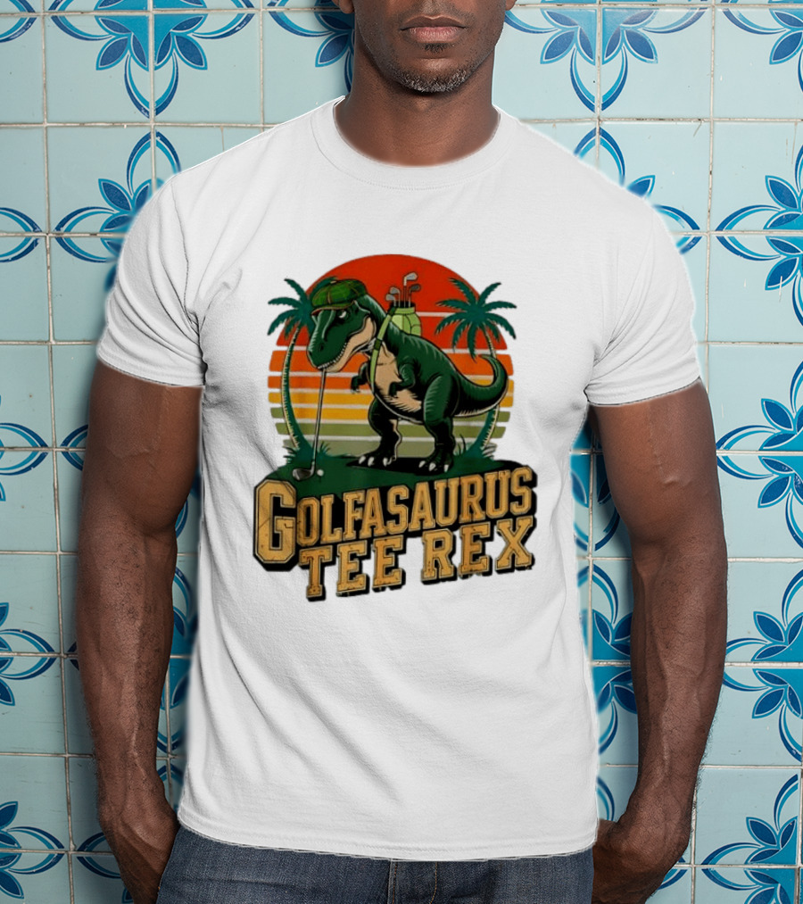 Golfasaurus Rex Rex Dinosaur Playing Golf Sunset Palm Trees T-Shirt
