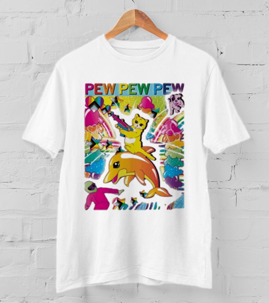 Pew Pew Pew Colorful Cat Dolphin Alien Rainbow T-Shirt