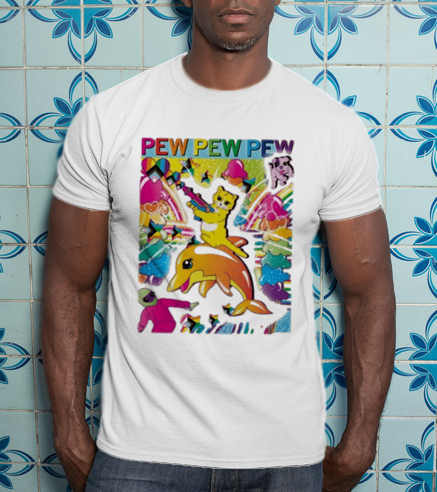 Pew Pew Pew Colorful Cat Dolphin Alien Rainbow T-Shirt
