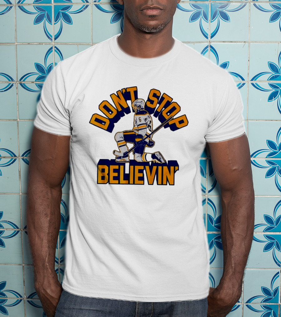 Don't Stop Believin' Hockey Player Number 6 Kneeling Pose T-Shirt
