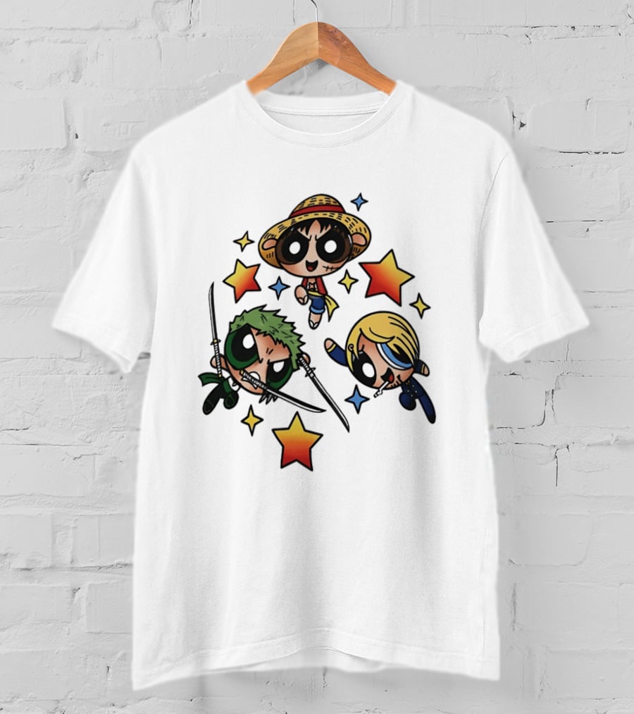 Luffy Zoro Sanji Fusion One Piece Powerpuff Girls Crossover Cute Anime Stars T-Shirt