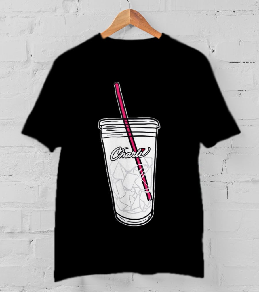 Charli Iced Coffee Cup Pink Straw Sketch T-Shirt