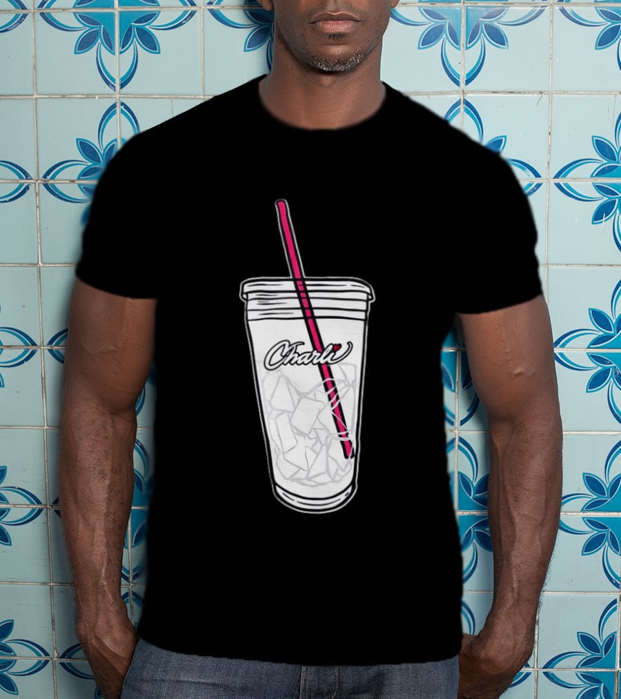 Charli Iced Coffee Cup Pink Straw Sketch T-Shirt
