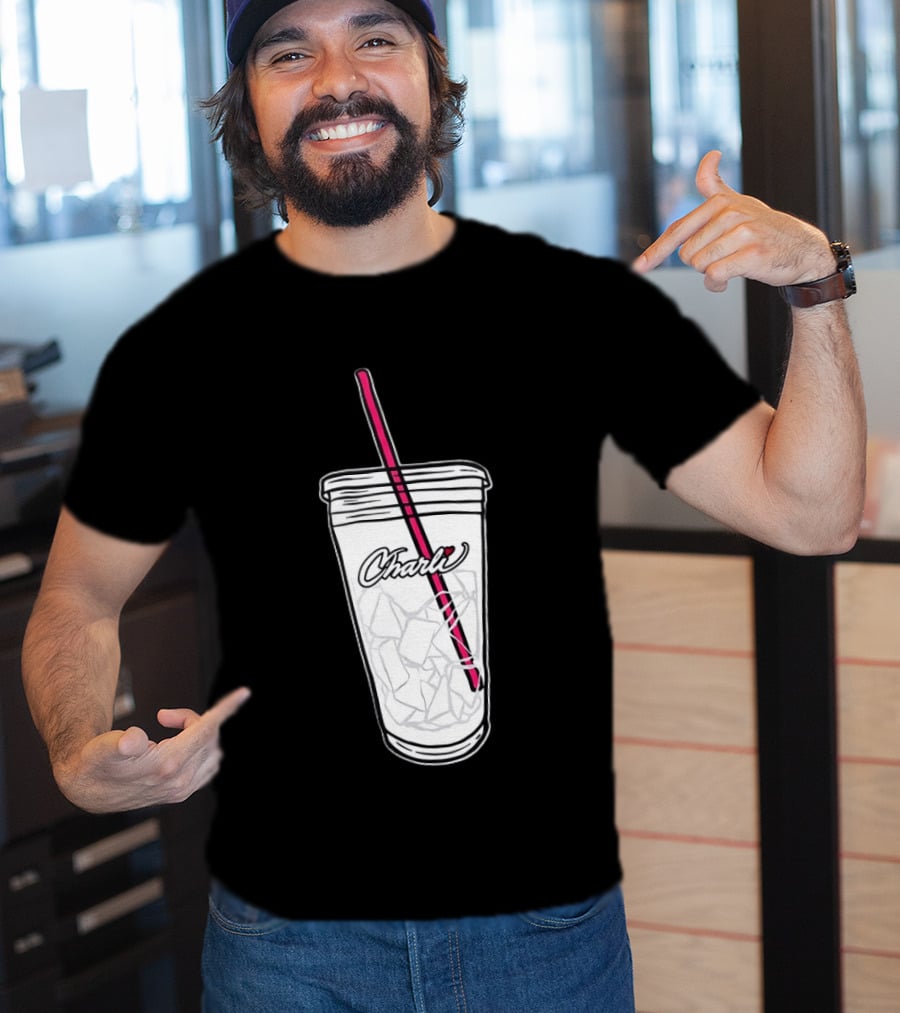 Charli Iced Coffee Cup Pink Straw Sketch T-Shirt