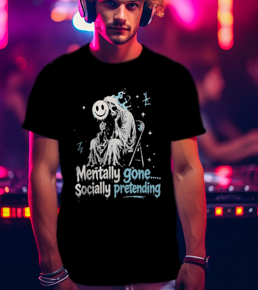 Mentally Gone Socially Pretending Goth Skull On Chair T-Shirt