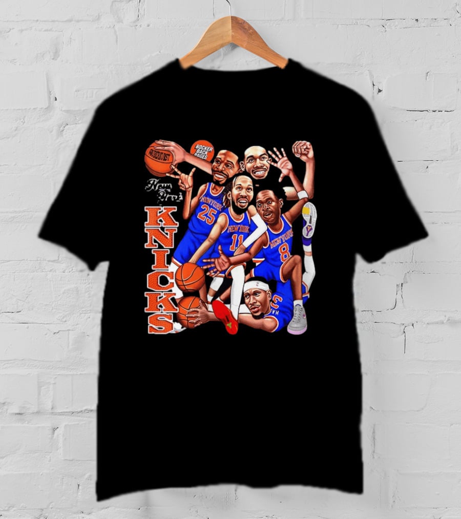 New York Knicks Starting Five 2026 Caricature Dunk Basketball Hoops T-Shirt