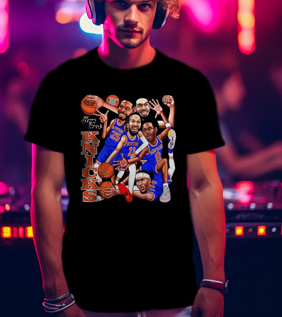 New York Knicks Starting Five 2026 Caricature Dunk Basketball Hoops T-Shirt