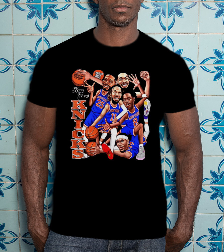 New York Knicks Starting Five 2026 Caricature Dunk Basketball Hoops T-Shirt