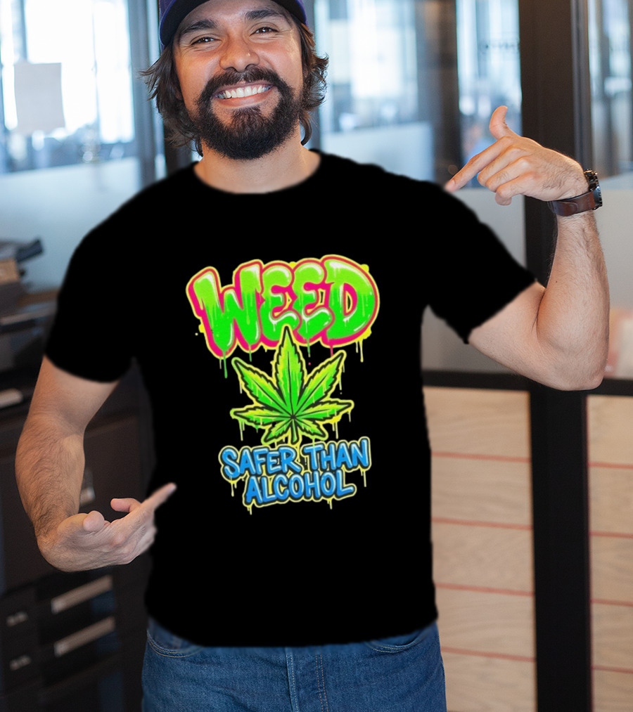 Weed Safer Than Alcohol Leaf Bright Graffiti T-Shirt