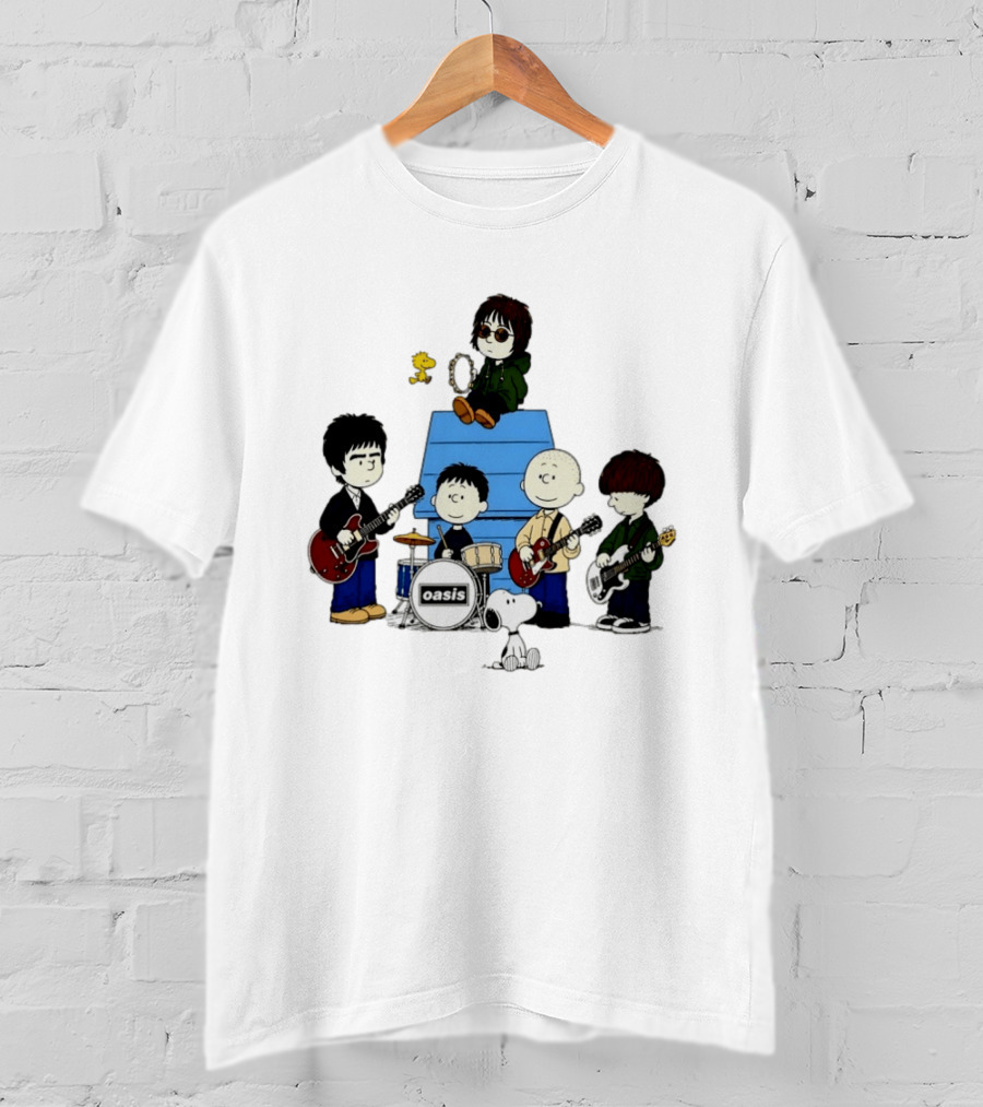 Snoopy Peanuts Oasis Band Cartoon Woodstock Drums Guitars T-Shirt