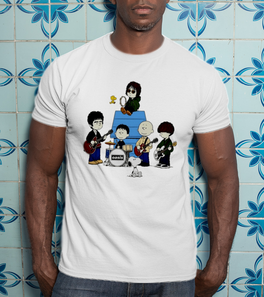Snoopy Peanuts Oasis Band Cartoon Woodstock Drums Guitars T-Shirt