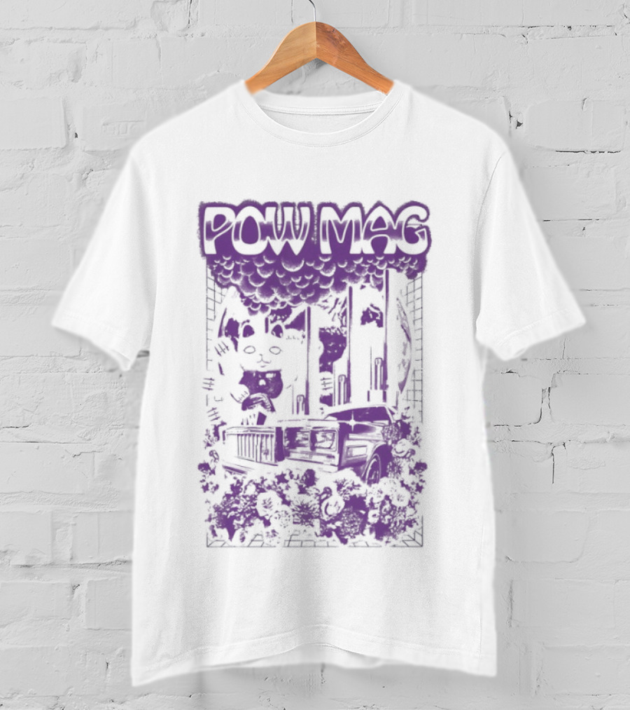 Powell Mag Cat Skateboarding Graphic With Floral Accents T-Shirt