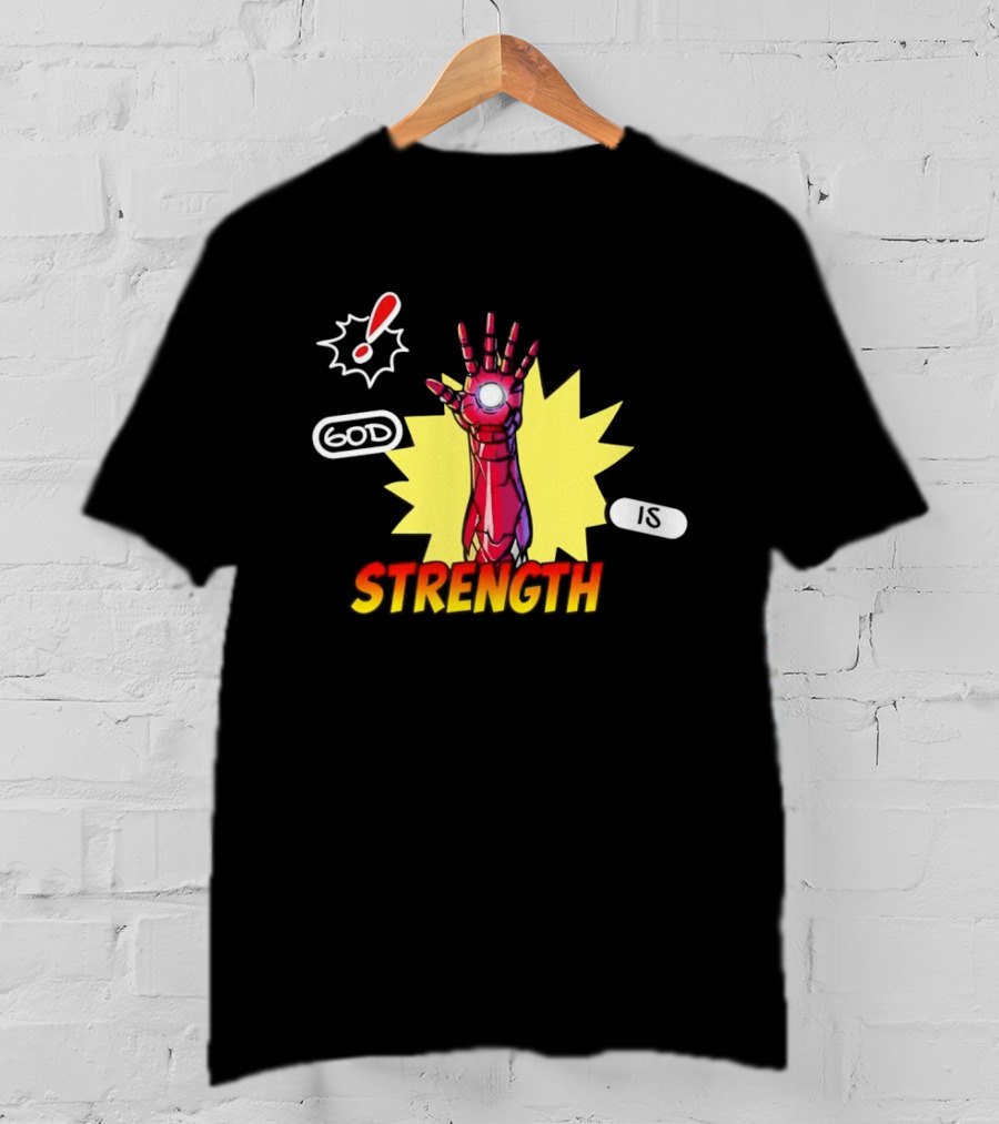 Iron Man God Is Strength Exclamation Comic Style Burst T-Shirt