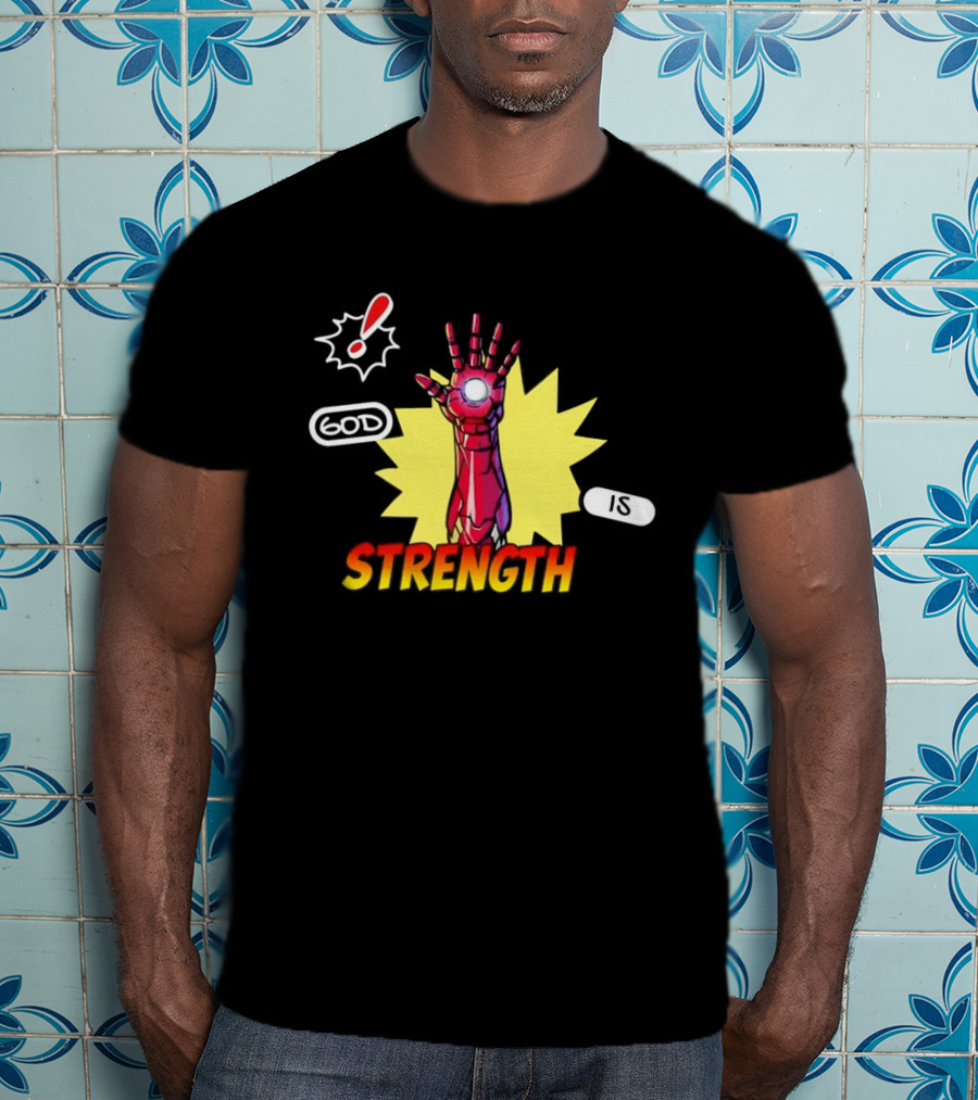 Iron Man God Is Strength Exclamation Comic Style Burst T-Shirt